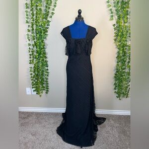 Save The Queen Black Layered Pleat & Lace Cap Sleeve Trained Full Length Dress M